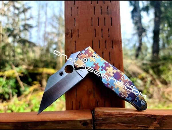 Spyderco Yojimbo 2 - Puzzle Pieces - Annealed MOPA Colors - Laser Engraved Titanium Scales - EDC Gear - Fully Installed Knife Option