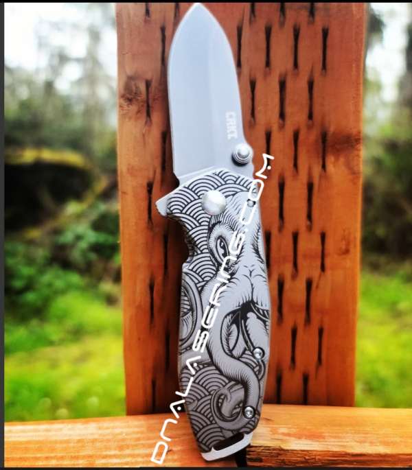 CRKT - Squid Framelock - Kraken with Waves - Deep Laser Engraved - Stainless Steel - Lucas Burnley - EDC Knife