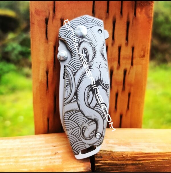 CRKT - Squid Framelock - Kraken with Waves - Deep Laser Engraved - Stainless Steel - Lucas Burnley - EDC Knife