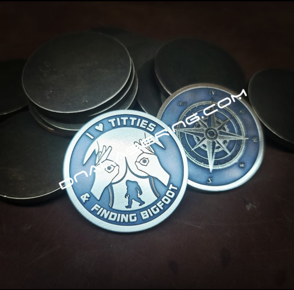 I Love Titties AND Finding Bigfoot - Deep Laser Engraved Brass Coin - Polished and Aged Finish