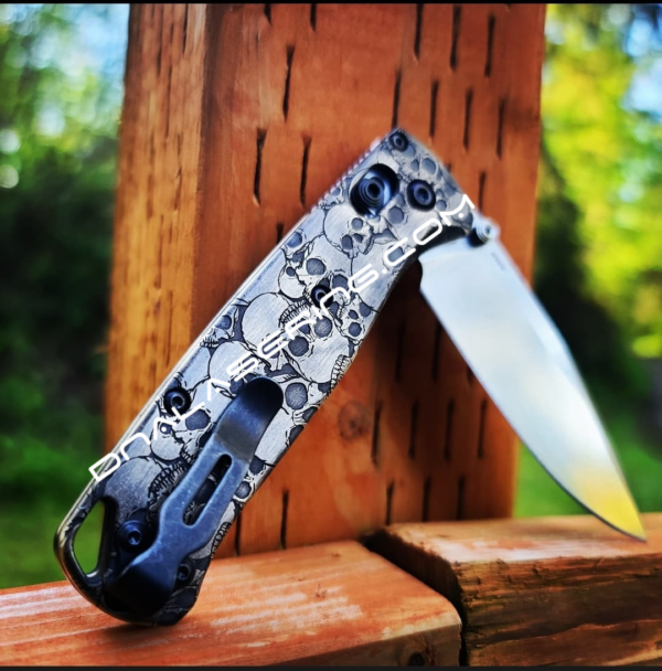 Benchmade Bugout Brass - Skulls - Aged Finish - Deep Laser Engraved Brass Scales - EDC Gear *Scales Only* Optional Coin