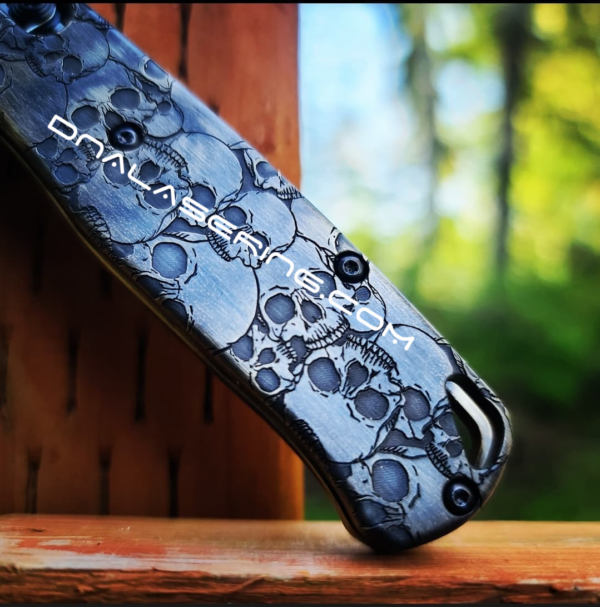 Benchmade Bugout Brass - Skulls - Aged Finish - Deep Laser Engraved Brass Scales - EDC Gear *Scales Only* Optional Coin