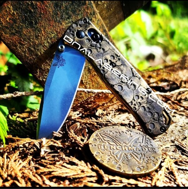 Benchmade Bugout Brass - Skulls - Aged Finish - Deep Laser Engraved Brass Scales - EDC Gear *Scales Only* Optional Coin