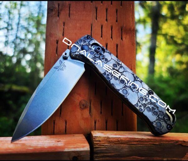 Benchmade Bugout Brass - Skulls - Aged Finish - Deep Laser Engraved Brass Scales - EDC Gear *Scales Only* Optional Coin