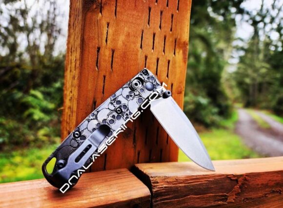 MINI Benchmade Bugout Brass - Skulls - Aged Finish - Deep Laser Engraved Brass Scales - EDC Gear *Scales Only* Optional Coin - Image 3