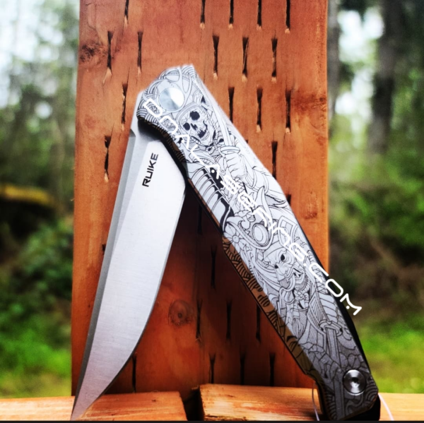 Ruike P108 - Japanese Warrior - Samurai Skulls - Fiber Laser Deep Engraved - EDC Knife - NIB