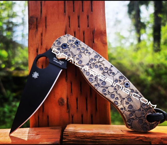 Spyderco PM2 Brass - Skulls - Aged Finish - Deep Engraved Brass Knife Scales - Paramilitary 2 - EDC Gear - Knife & Hardware Optional