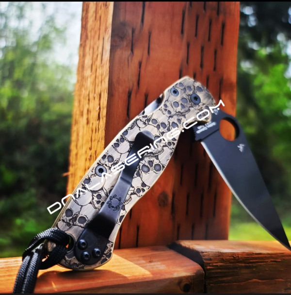 Spyderco PM2 Brass - Skulls - Aged Finish - Deep Engraved Brass Knife Scales - Paramilitary 2 - EDC Gear - Knife & Hardware Optional