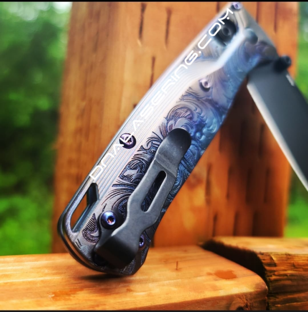 Benchmade Bugout Crossfade TI - Purple Ano - Leaf Scroll - NEW Relief Style Laser Engraving - Titanium Knife Scales - EDC Gear *Scales Only*