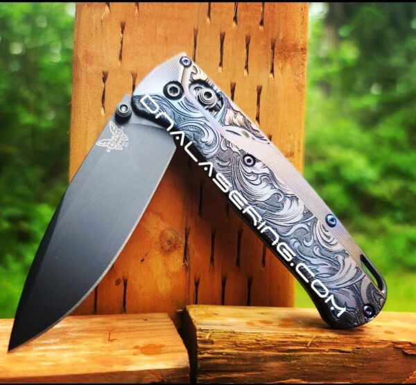 Benchmade Bugout Crossfade TI - Purple Ano - Leaf Scroll - NEW Relief Style Laser Engraving - Titanium Knife Scales - EDC Gear *Scales Only*