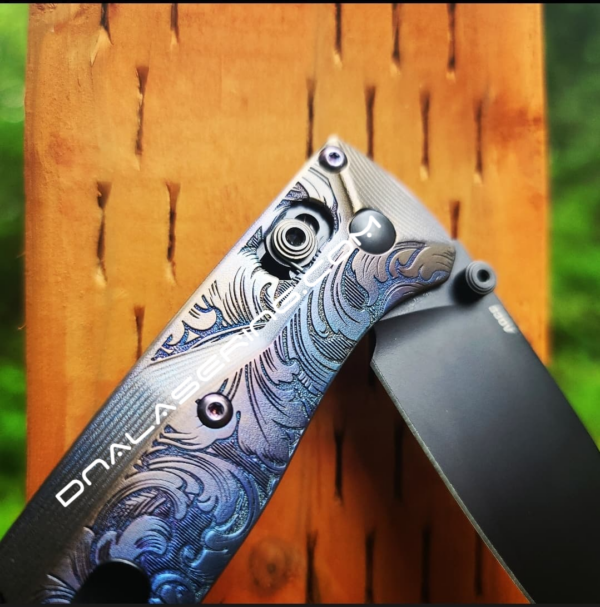 Benchmade Bugout Crossfade TI - Purple Ano - Leaf Scroll - NEW Relief Style Laser Engraving - Titanium Knife Scales - EDC Gear *Scales Only*