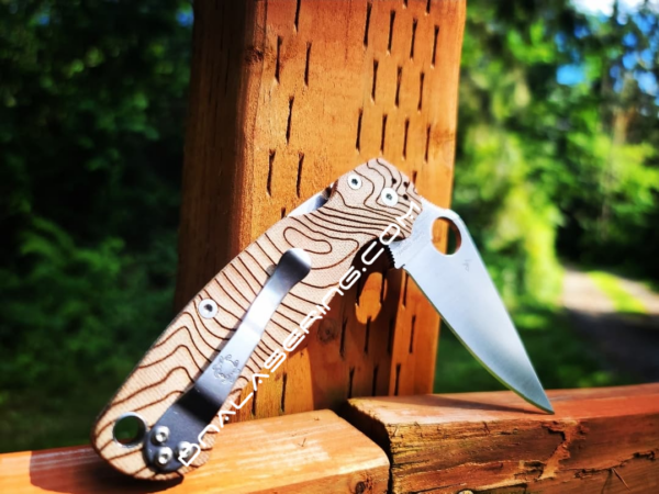Spyderco PM2 - Topographic Map - Engraved Brown Canvas Micarta Scales - CPM-CRU-WEAR Blade - EDC Gear - NIB Knife