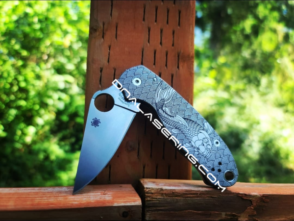 Spyderco PM3 TI - Koi - Japanese Waves - Fiber Laser Deep Engraved - Titanium Knife Scales - EDC Gear - Knife & Hardware Optional