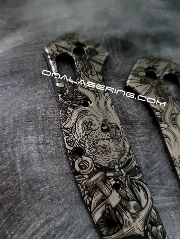 Benchmade 945 MINI Osborne - Kraken VS Pirate Ship - Deep Laser Engraved Titanium Scales - EDC Gear *Scales Only* - Image 2