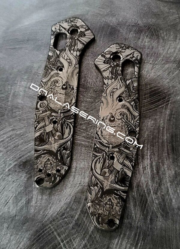 Benchmade 945 MINI Osborne - Kraken VS Pirate Ship - Deep Laser Engraved Titanium Scales - EDC Gear *Scales Only*