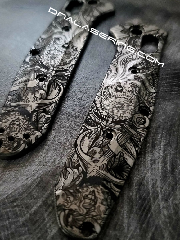 Benchmade 945 MINI Osborne - Kraken VS Pirate Ship - Deep Laser Engraved Titanium Scales - EDC Gear *Scales Only* - Image 3