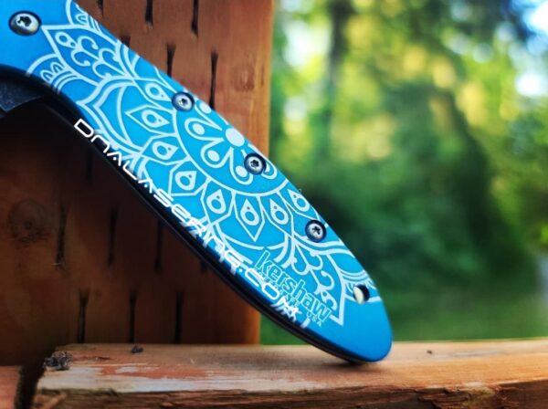 Kershaw Leek Linerlock Teal - Mandala - Fiber Laser Engraved - Stonewash Blade - EDC Knife