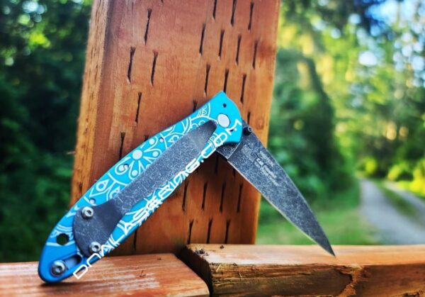Kershaw Leek Linerlock Teal - Mandala - Fiber Laser Engraved - Stonewash Blade - EDC Knife