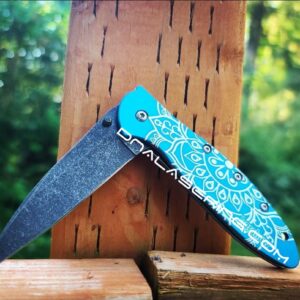 Kershaw Leek Linerlock Teal - Mandala - Fiber Laser Engraved - Stonewash Blade - EDC Knife