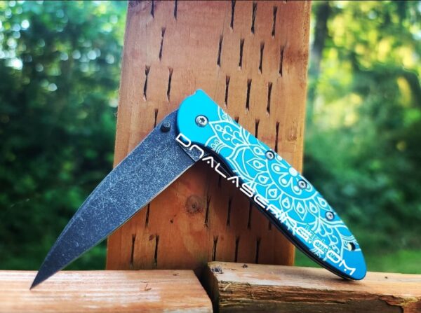 Kershaw Leek Linerlock Teal - Mandala - Fiber Laser Engraved - Stonewash Blade - EDC Knife