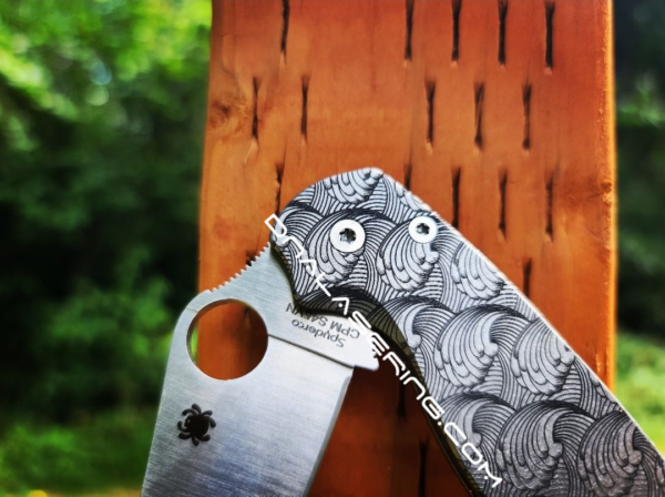 Spyderco PM2 TI - Dimensional Waves - Deep Laser Engraved Titanium PM2 Knife Scales - EDC Gear - Knife & Hardware Optional