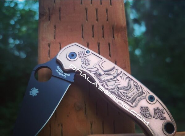 Spyderco PM3 - Japanese Devil Mask - NEW Relief Engraving Style - Laser Engraved Copper PM3 Knife Scales - EDC Gear - Knife Install Option