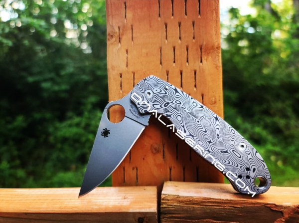 Spyderco PM3 TI - Damascus Pattern - Deep Laser Engraved Titanium PM3 Knife Scales - EDC Gear - Hardware & Knife Install Options