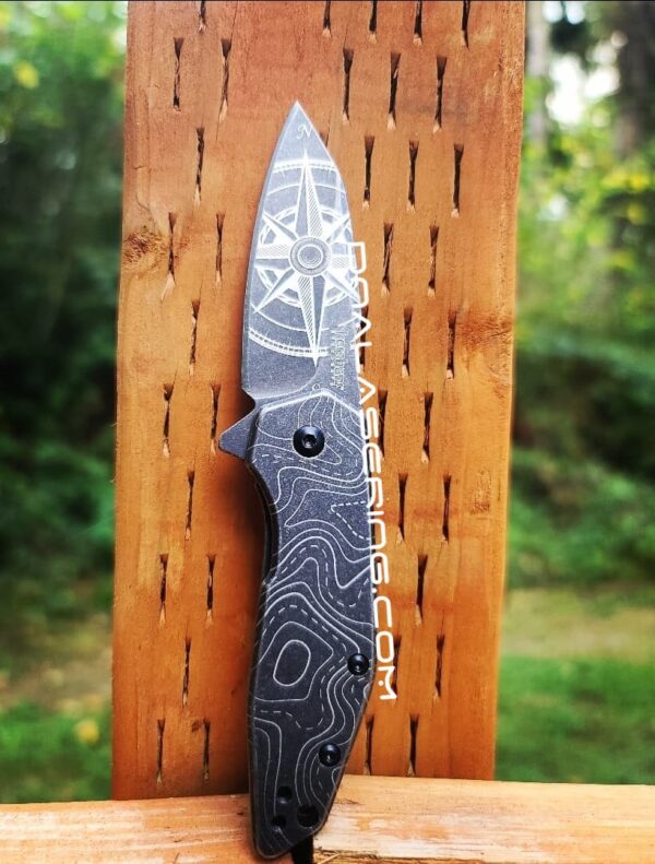 Kershaw Gravel - Compass Rose - Topographic - Deep Fiber Laser Engraved - EDC Knife - Stainless Steel - NIB