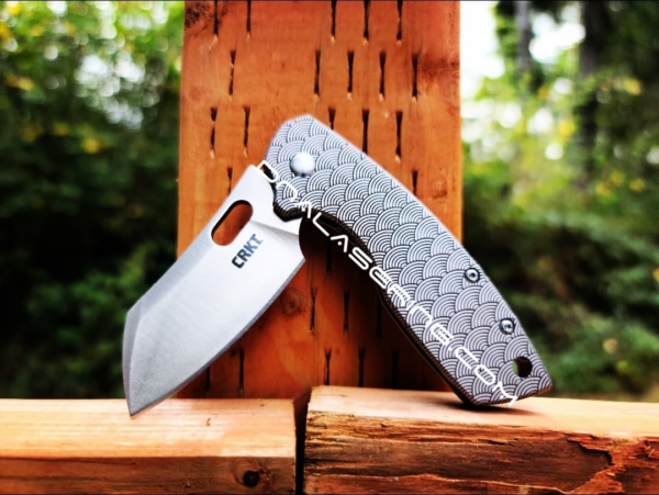 CRKT Large Pilar - Seigaiha Waves - Fiber Laser Deep Engraved Knife Scale - EDC - NIB Complete Knife