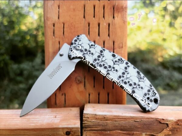 Kershaw Zing SS - Skulls - Deep Fiber Laser Engraved - Double Sided Black Engraving - EDC Knife - Stainless Steel - NIB