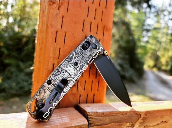 Benchmade Bugout Brass - Aztec Calendar - Aged - NEW Relief Engraving Style - Deep Laser Engraved - Brass Scales - EDC Gear *Scales Only*