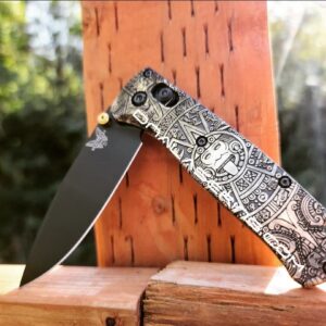 Benchmade Bugout Brass - Aztec Calendar - Aged - NEW Relief Engraving Style - Deep Laser Engraved - Brass Scales - EDC Gear *Scales Only*