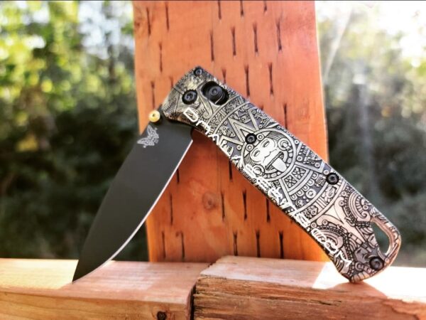 Benchmade Bugout Brass - Aztec Calendar - Aged - NEW Relief Engraving Style - Deep Laser Engraved - Brass Scales - EDC Gear *Scales Only*