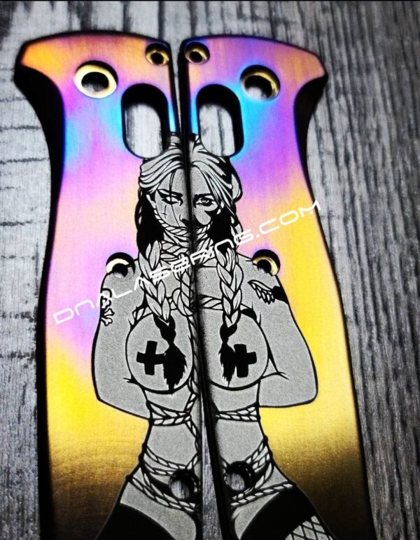 BDSM - Submissive - Benchmade Bugout - Flamed ANO Deep Laser Engraved Titanium Scales - Flytanium *Scales/ knife handles Only*