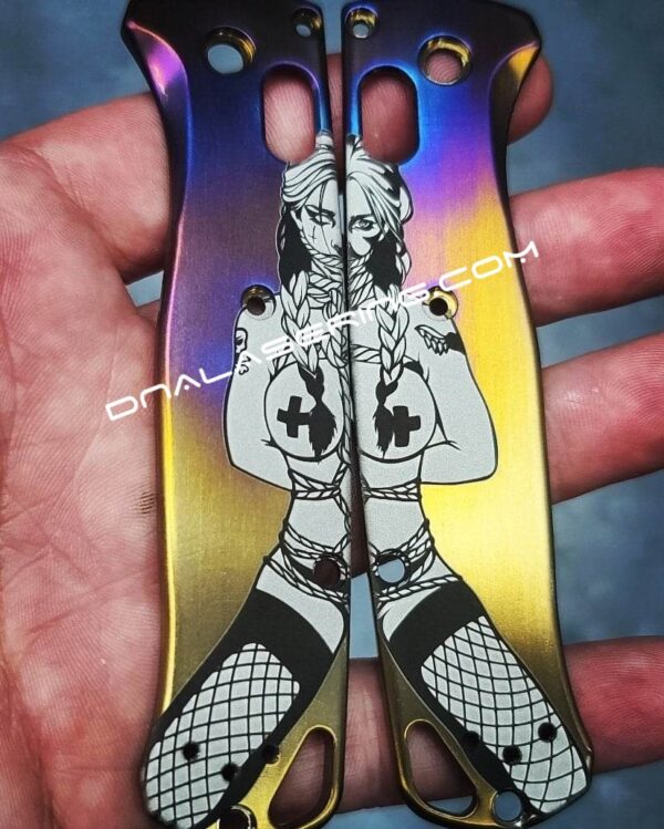 BDSM - Submissive - Benchmade Bugout - Flamed ANO Deep Laser Engraved Titanium Scales - Flytanium *Scales/ knife handles Only*