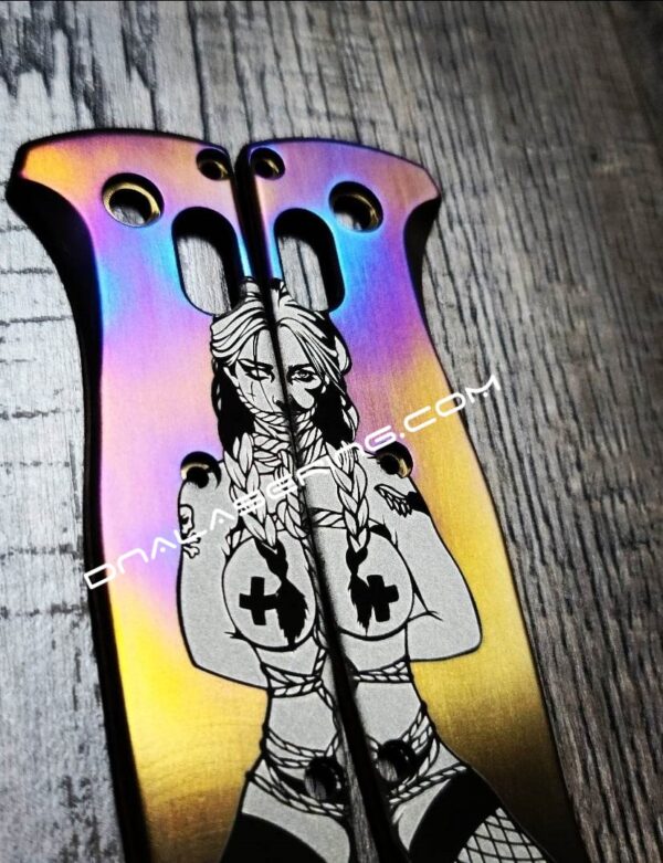 BDSM - Submissive - Benchmade Bugout - Flamed ANO Deep Laser Engraved Titanium Scales - Flytanium *Scales/ knife handles Only*