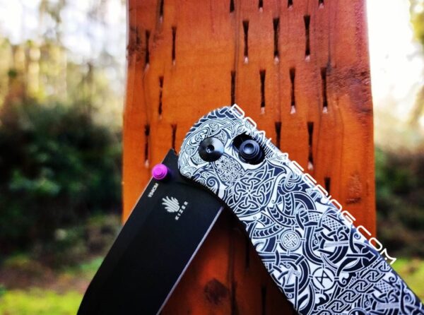 Viking Runes - Celtic Knots - Fiber Laser Engraved - Kizer Drop Bear - EDC - Complete Knife