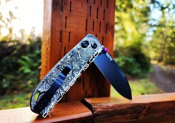 Viking Runes - Celtic Knots - Fiber Laser Engraved - Kizer Drop Bear - EDC - Complete Knife - Image 3