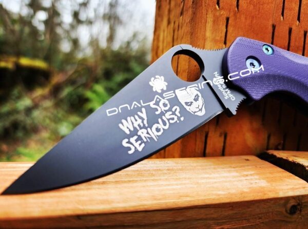 Joker - Spyderco PM2 - Laser Engraved Blade - Anodized Hardware & Lynch Clip - Lotus Purple Haze Scales - Phosphor Washers - Complete Knife