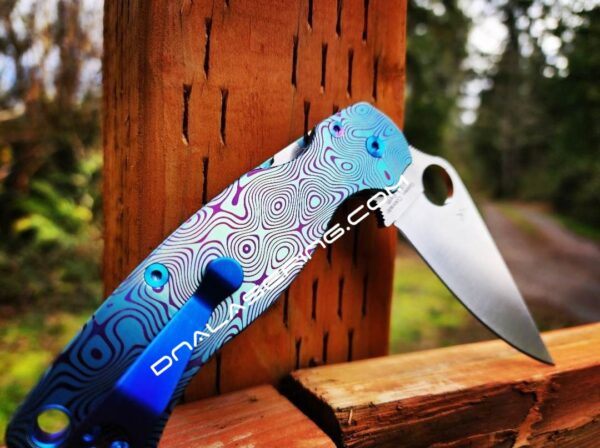 Damascus Pattern - Spyderco PM2 TI - Fiber Laser Deep Engraved - Double Ano Titanium Knife Scales - Flytanium - Knife & Hardware Optional