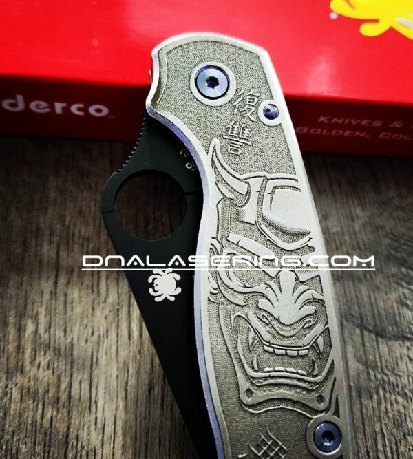 Spyderco PM3 TI - Japanese Devil Mask - NEW Relief Engraving Style - Deep Laser Engraved - Titanium Knife Scales - EDC Gear - Knife Install Optional