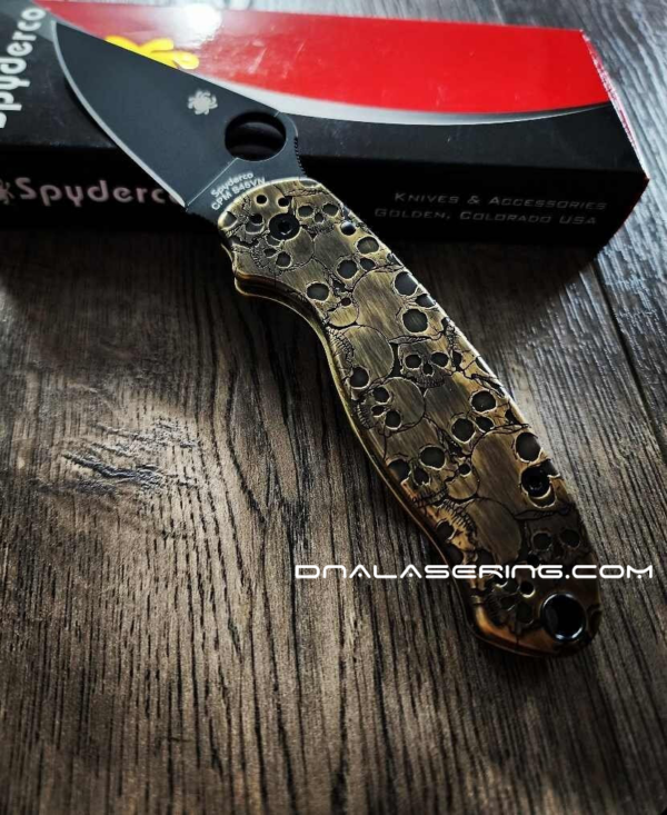 Spyderco PM3 Brass - Skulls - NEW Relief Engraving Style - Deep Laser Engraved - Aged Finish - Brass Knife Scales - EDC Gear - Knife Install Optional