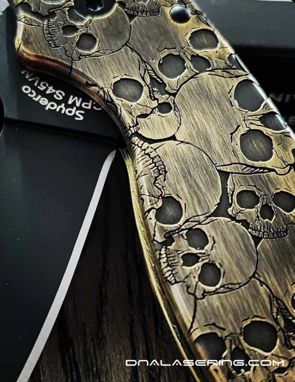 Spyderco PM3 Brass - Skulls - NEW Relief Engraving Style - Deep Laser Engraved - Aged Finish - Brass Knife Scales - EDC Gear - Knife Install Optional