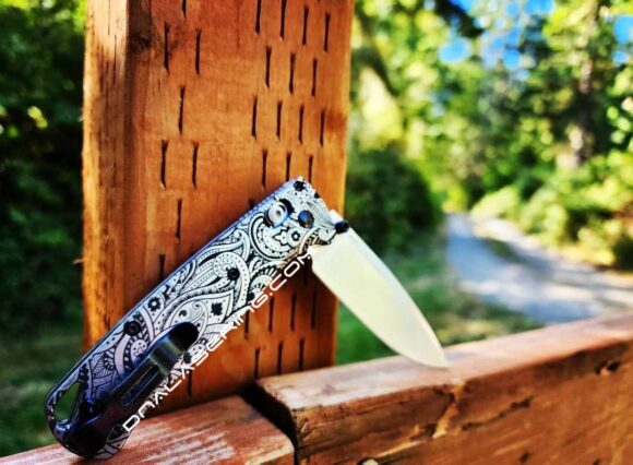 Paisley Leaf - Benchmade Bugout TI - Deep Laser Engraved Titanium Scales - Flytanium Gear *Scales Only* - Image 2
