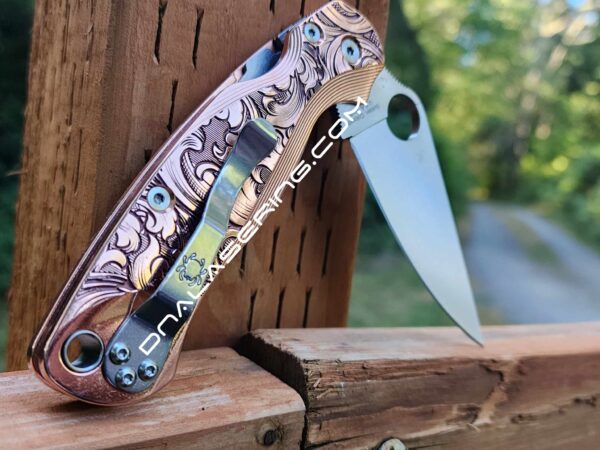 Spyderco PM2 Lotus - Leaf Scroll - NEW Relief Engraving Style - Deep Laser Engraved - Copper Knife Scales - EDC Gear *Knife Install Optional*