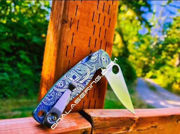 Paisley Leaf - Spyderco PM2 TI - Fiber Laser Deep Engraved - Double Ano Titanium Knife Scales - Flytanium - Knife & Hardware Optional