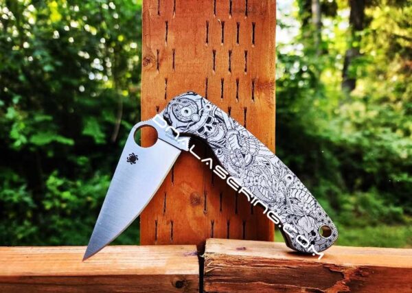 Spyderco PM2 TI - Death Warrior - Deep Engraved Titanium PM2 Knife Scales - EDC Gear - Knife & Hardware Optional
