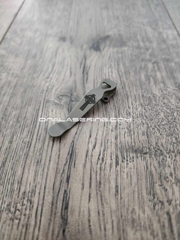 LynchNW Benchmade - Celtic Cross - Deep Laser Engraved Titanium - Deep Carry Pocket Clip - Emerson - Protech - Blacksmith, Sandwashed or Satin Finish