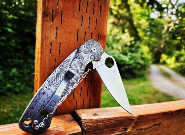 Spyderco PM2 TI - Koi - Japanese Waves - Deep Engraved Titanium PM2 Knife Scales - EDC Gear - Knife & Hardware Optional