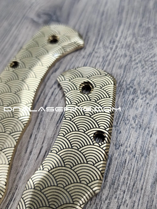 Seigaiha Japanese Waves - Spyderco Delica - Deep Laser Engraved Brass Scales - Flytanium Gear - Optional Knife Install